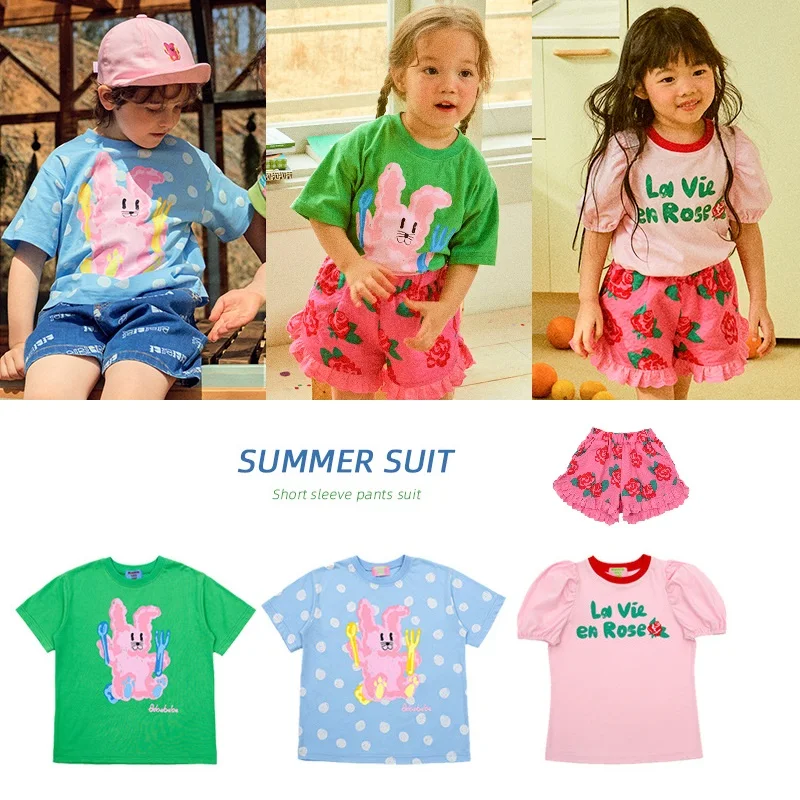 

2023 Kids T Shirt and Shorts Set Summer Brand Baby Pink Girls T-Shirts Cartoon Printed Tee Tops Children Shorts Pant Clothes