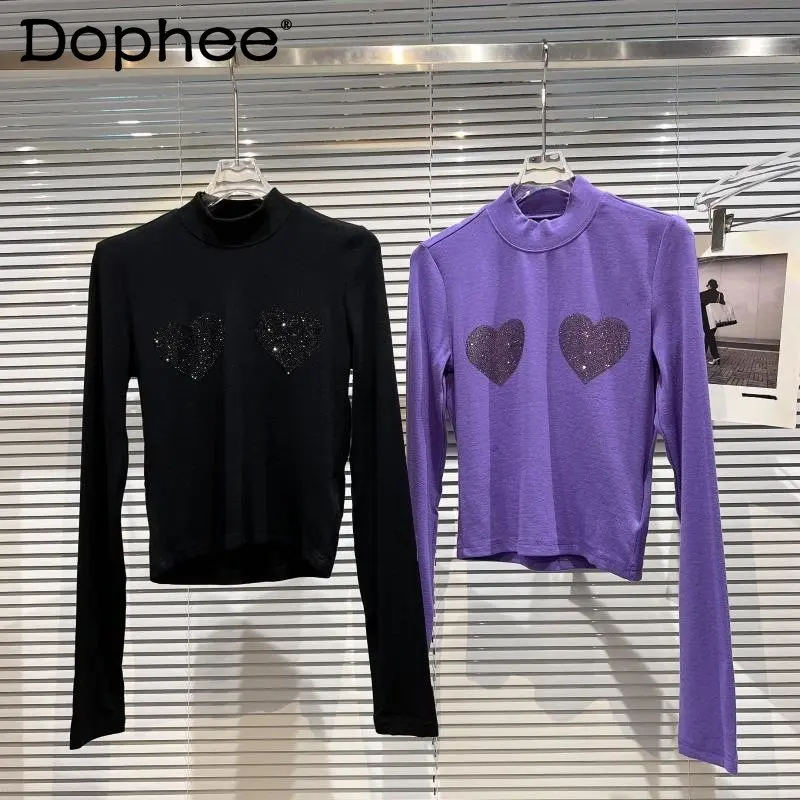 

2022 Autumn New Arrivals Long Sleeve Turtleneck Diamonds Slim T Shirt Women