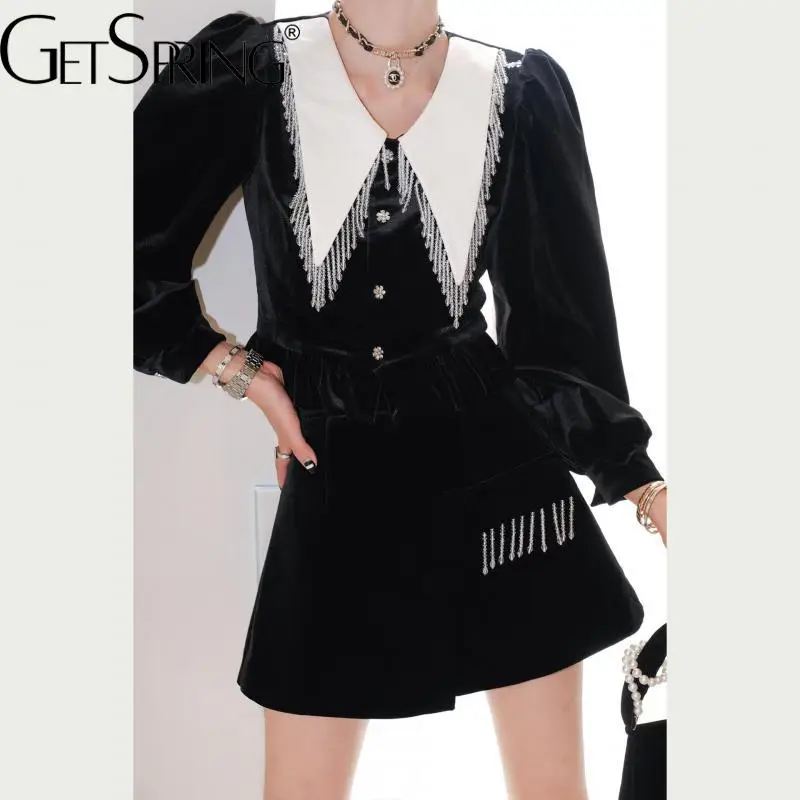 

GetSpring Women Sets 2022 Autumn Winter Vintage Nail Beads Patchwork Velvet Black Coat With Shorts Skirts Two Piece Sets Fashion