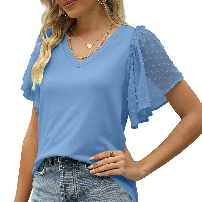 

Women Shirts 2023 New Summer Solid Color V-neck Spliced Ruffles Short Sleeve Blouse Casual Loose Office Lady Shirt Clothes 26147
