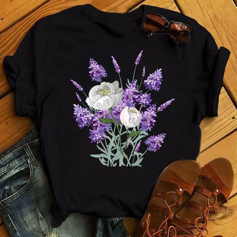 Купи Beautiful Purple Flower Printed Women's Top Casual Women's T-shirt Flowers Women's Round Neck Top Black Women's T-shirt за 428 рублей в магазине AliExpress