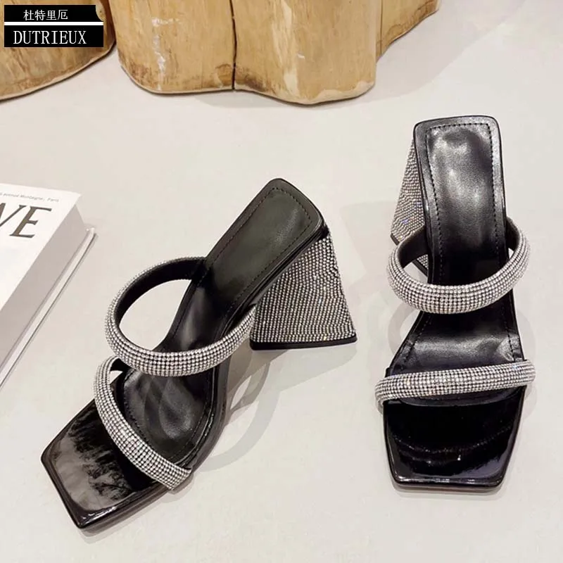 Women Pumps Luxury Rhinestone Elegant High Heels Square Toe 2023 Slides Designer Fashion Party Ladies Sandals New Female Shoes