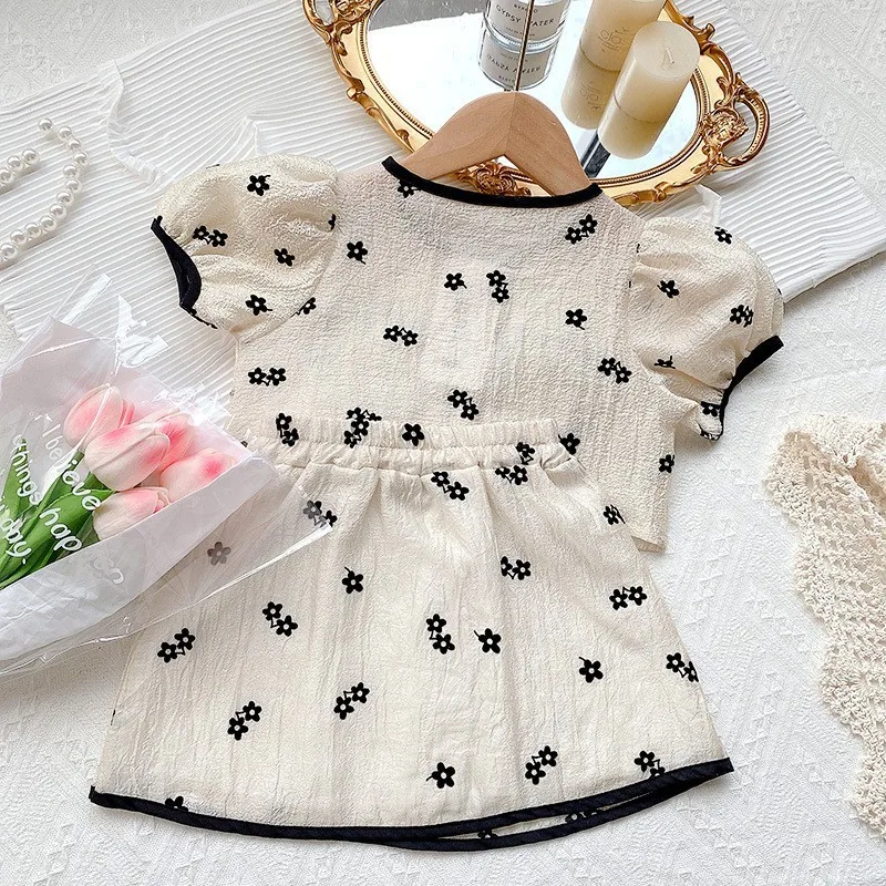 Summer Toddler Girls Clothing Set Short Sleeve Bow Tie Blouses + Floral Skirt 2PCS Suit Sets Children Clothing Kids Clothes Tops