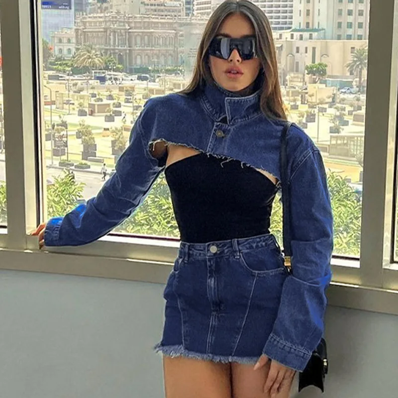 

SHMILY Women's Clothing 2022 Autumn New Fashion Denim Long Sleeve Jacket Smock Slim Skirt Suit Y2K Fashion Vintage Outwear