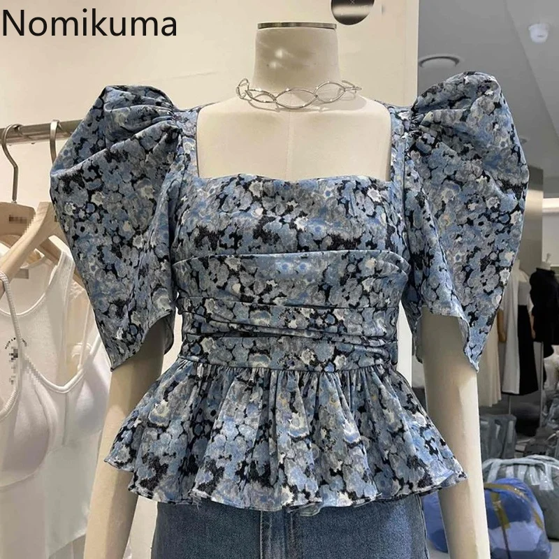 

Nomikuma Blusas Mujer De Moda 2022 Puff Sleeve Floral Print Slim Waist Tunic Chemise Femme Korean Vintage Fashion Blouses Femme