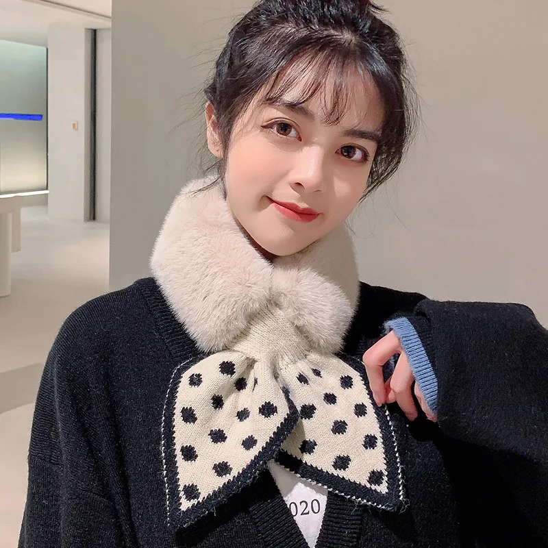 

Scarf Sweet Fashion 2022 Women Autumn And Winter Korean Style Rex Rabbit Fur knitting Patchwork Warm High Quality Scarves