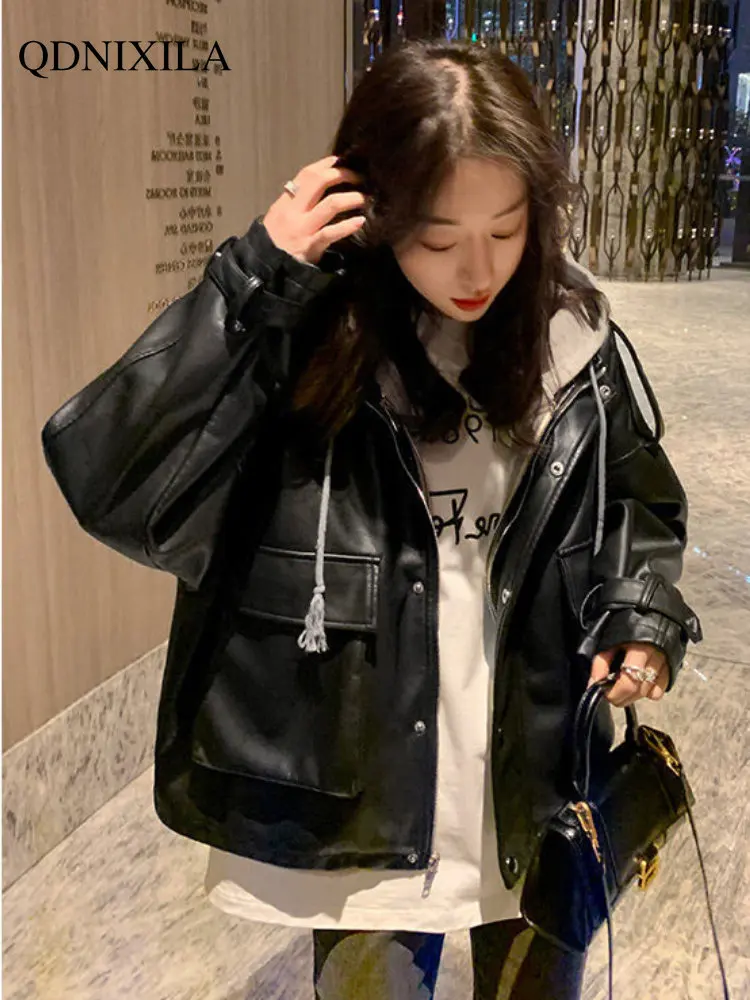 Leather Jacket Women Black PU Short Leather Jacket Motorcycle Suit Women's Spring Jackets Hoodies Women Oversize Winter Jacket