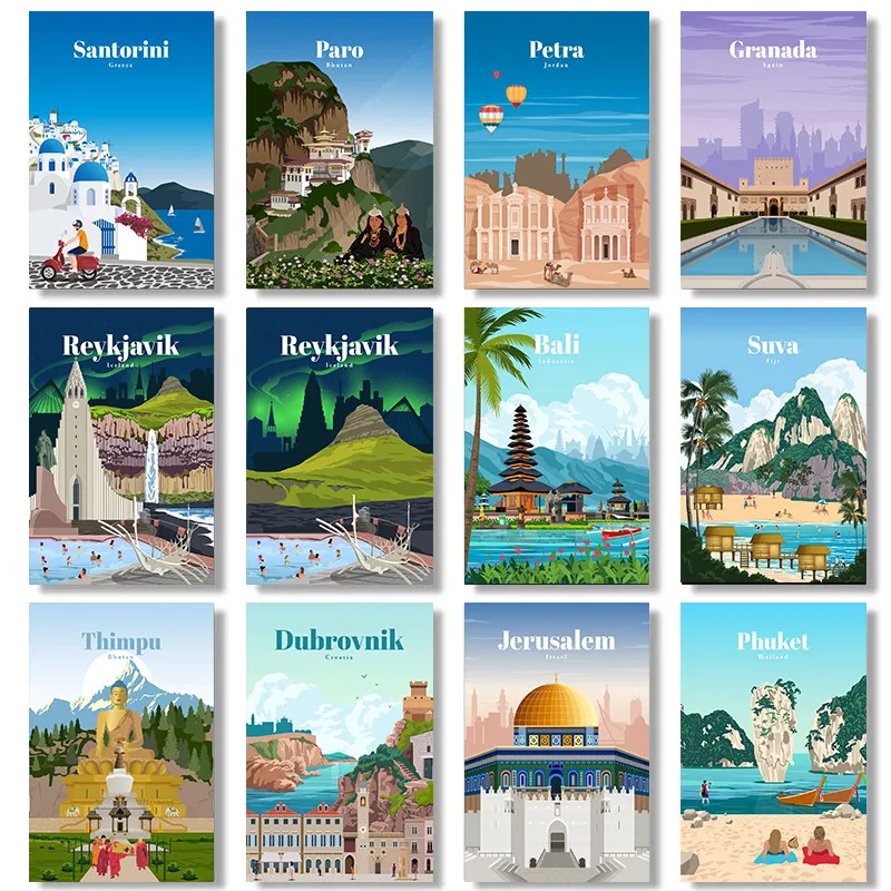 Санторини Бали Исландия Дубай холст живопись Постер для путешествий Пхукет