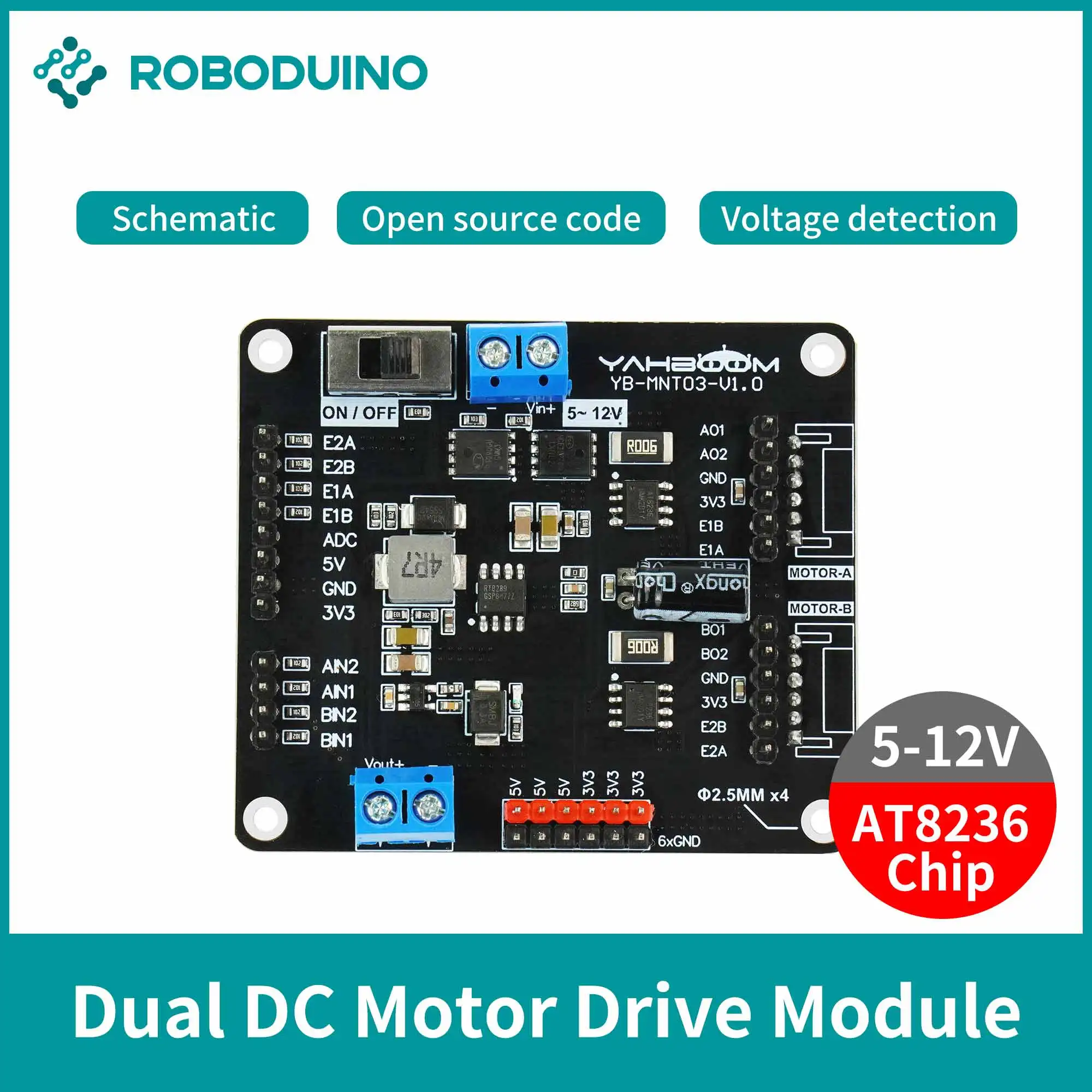 

Dual-channel DC Motor Drive Module AT8236 5-12V Anti-reverse Connection Low Voltage High Current Board For DIY Smart Robot Car
