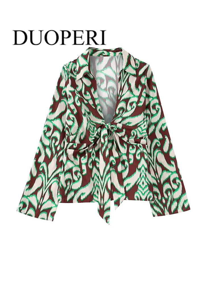 

DUOPERI Women Fashion Printed Blouse White Cross Lace Up Vintage V-Neck Long Sleeves Female Chic Shirts Outfits