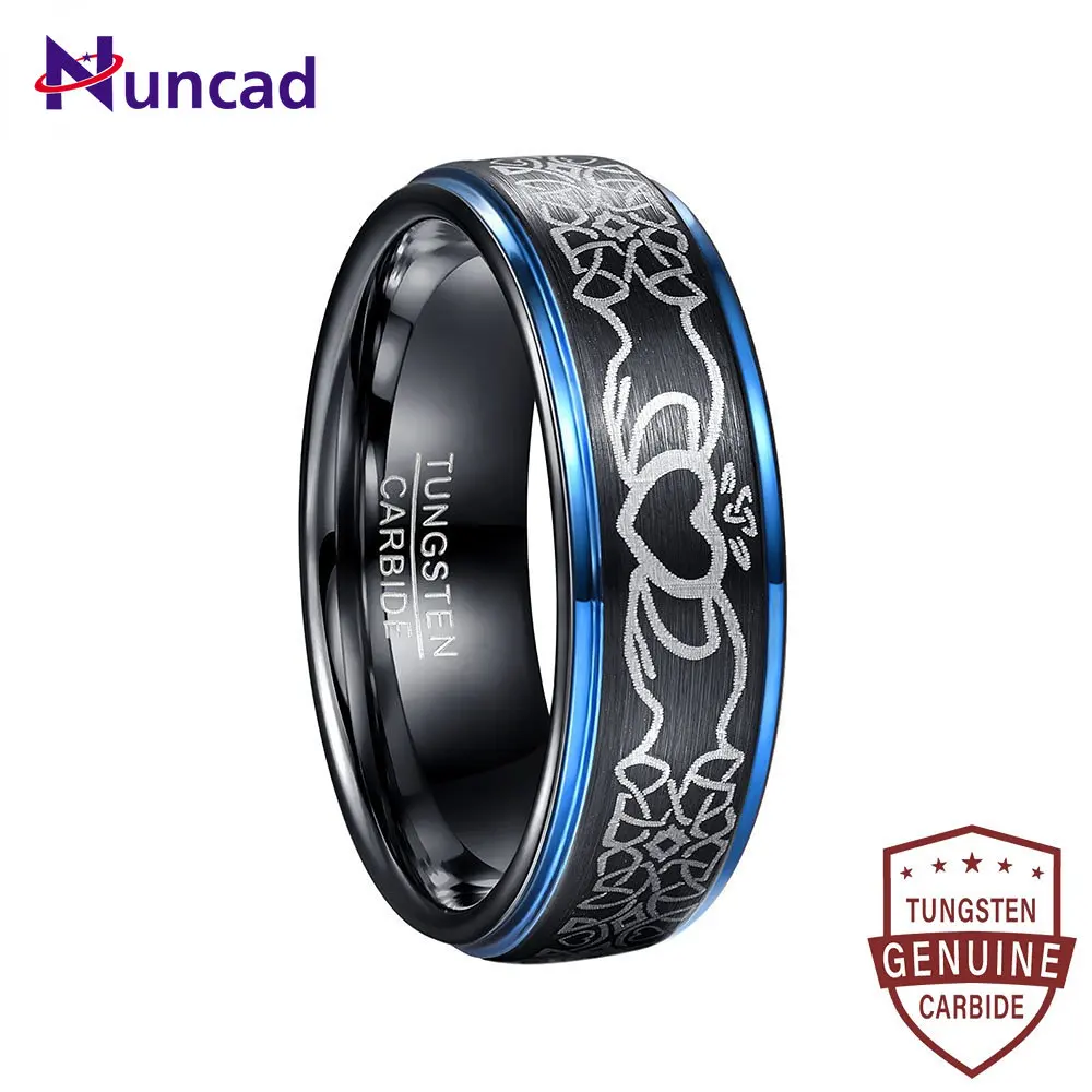

NUNCAD 8mm Tungsten Ring Electroplating Black and Blue Laser Celtic Knot Tungsten Steel Ring Fashion Wedding Rings for Men