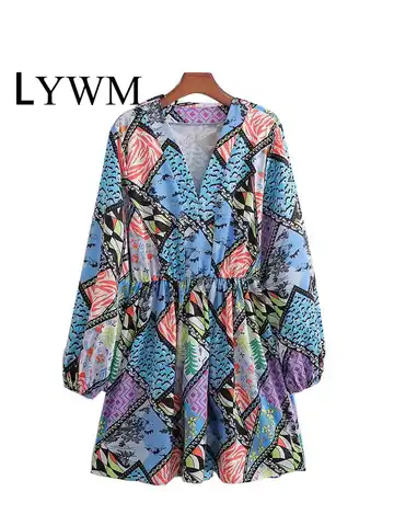 LYWM Women Fashion Printed Mini Dress Vintage V-Neck Long Sleeves Female Chic Lady Dresses
