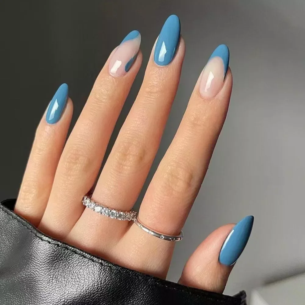 

NEW2023 Almond False Nails Blue graffiti design Artificial Ballerina Fake Nails With Glue Full Cover Nail Tips Press On Nails