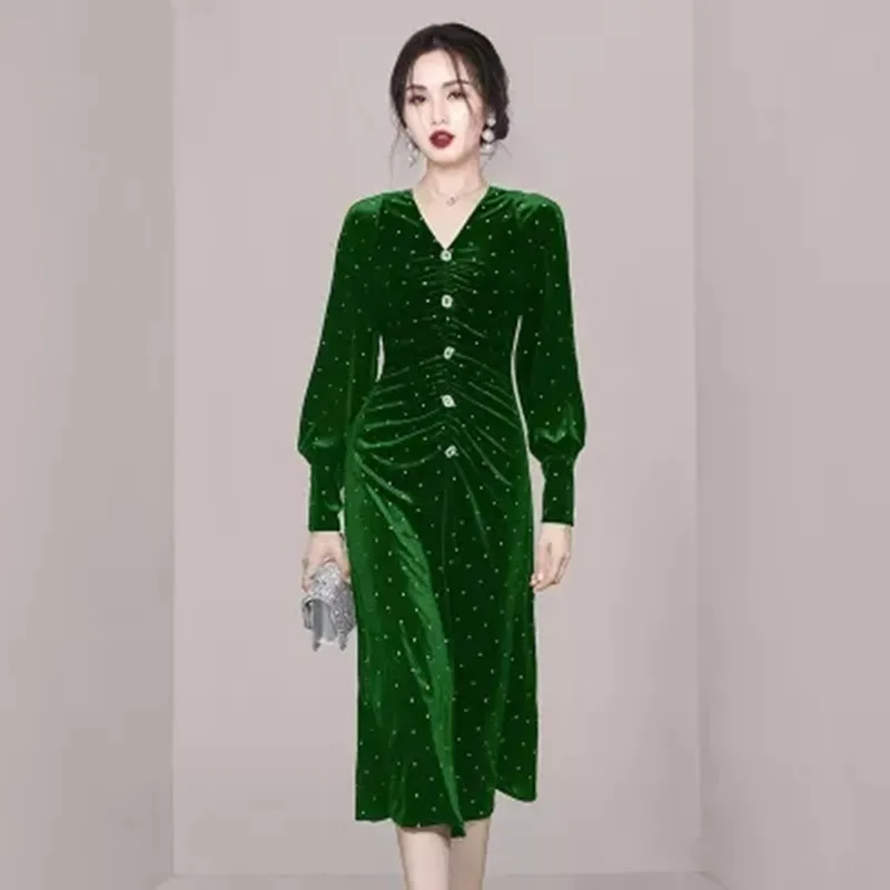 

Женское бархатное платье средней длины, элегантное подиумное зеленое платье с V-образным вырезом и пышными рукавами, привлекательное облегающее платье, Осень-зима 2022