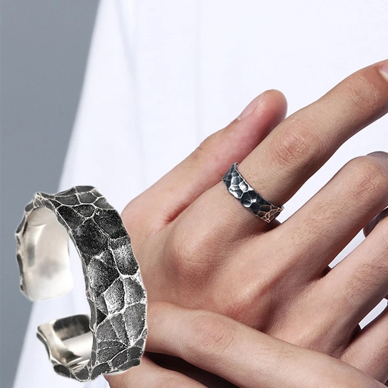 

Retro Silver Explosion Style Ring Personality Cracking Stria Open Rings Men Women Simple Old Hammer Hypoallergenic Cracked Ring