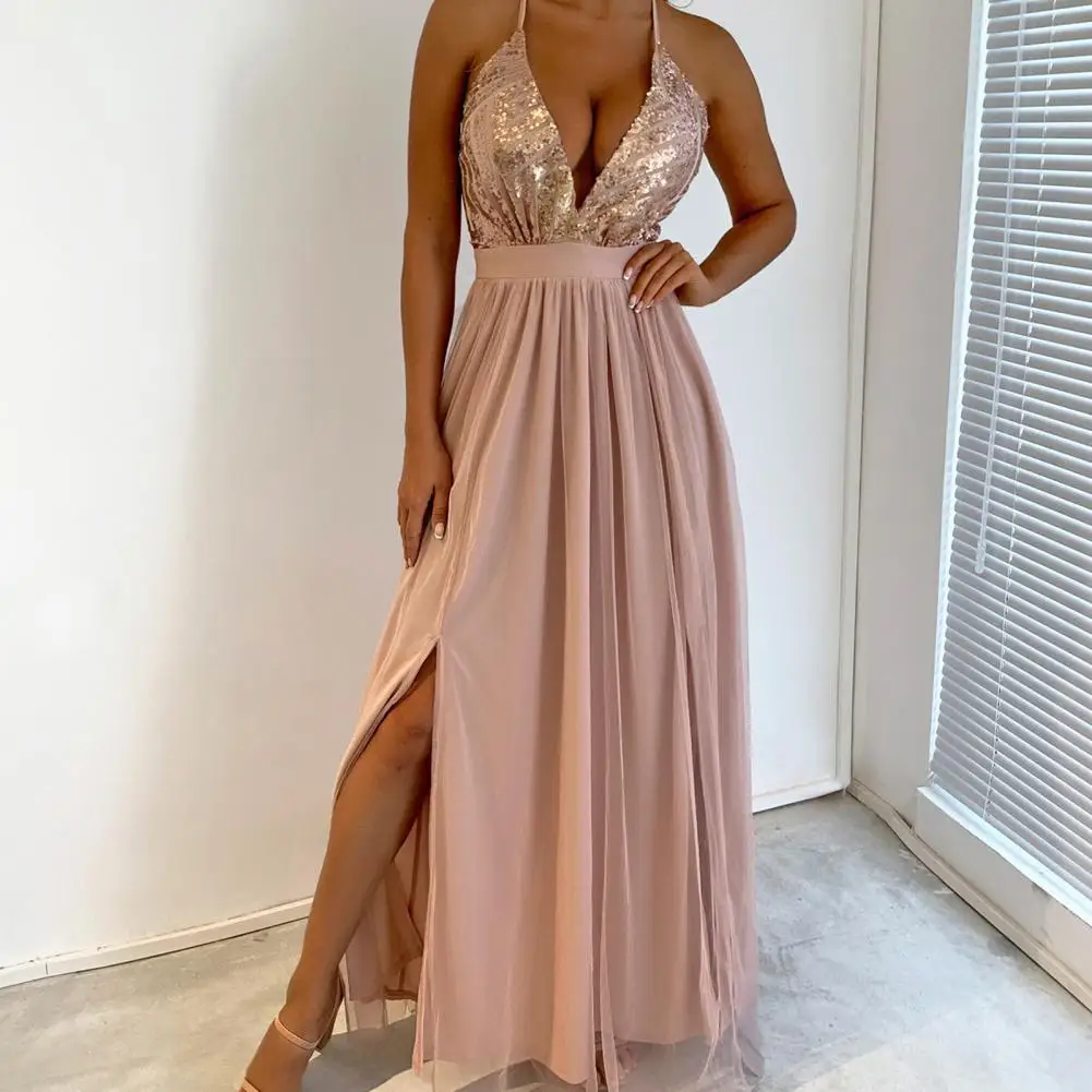 

Evening Women Dress Mesh Patchwork Shiny Sequin Deep V Neck Spaghetti Backless Adjustable Straps Banquet Dress Female Clothes