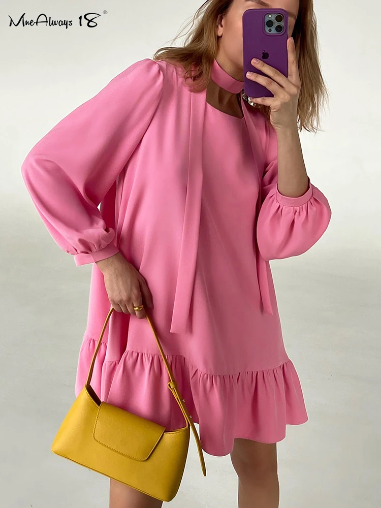 

Mnealways18 Casual Autumn Ruffle Dress Women A-Line Pink Female Puff Sleeve Oversized Dress Ladies Loose Dress With Lace Up 2022