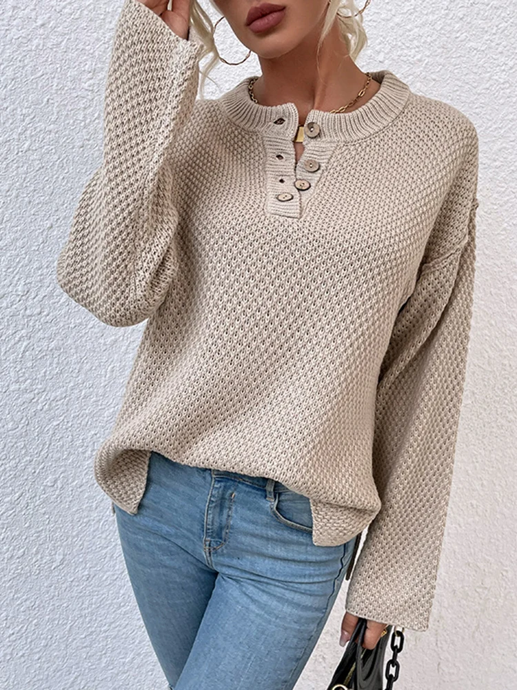 

CRLAYDK 2022 Winter Women's Oversized Sweaters Front Button Batwing Long Sleeve Loose V Neck Henley Tops Pullover Knit Jumper