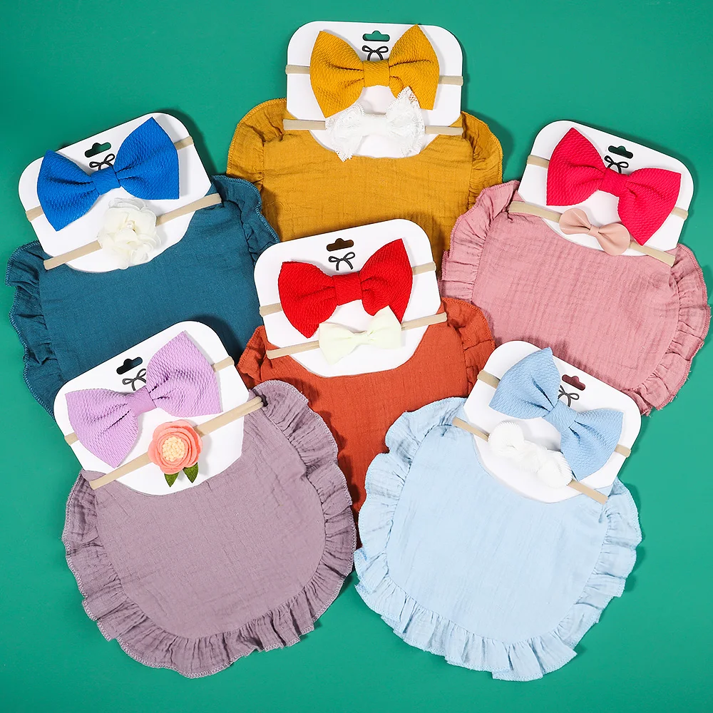 

3Pcs/Set Solid Color Bows Headbands Bibs for Newborn Baby Cotton Saliva Towel Cute Infant Falbala Bibs Hair Accessories Sets