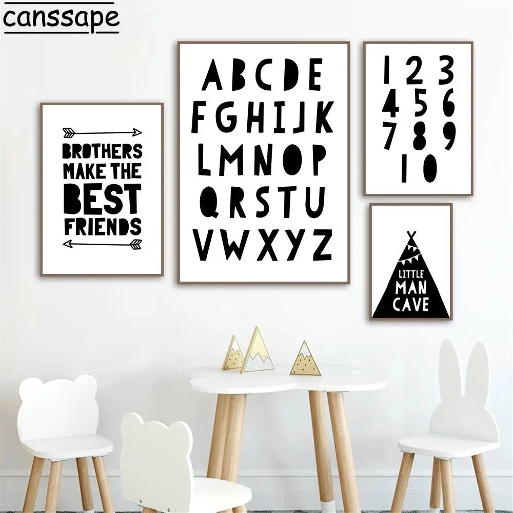 

Черно-белые настенные плакаты с алфавитом, художественный плакат с арабскими цифрами, Картина на холсте, украшение детской комнаты