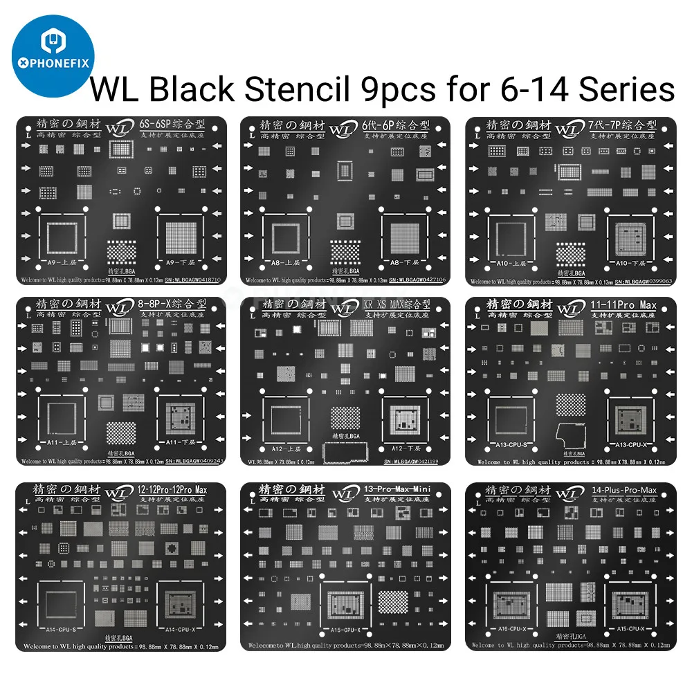 

WL Black BGA Reballing Stencil Template Stainless Steel Net for IPhone 6 To 14Pro Max Motherboard BGA Reballing Soldering Repair