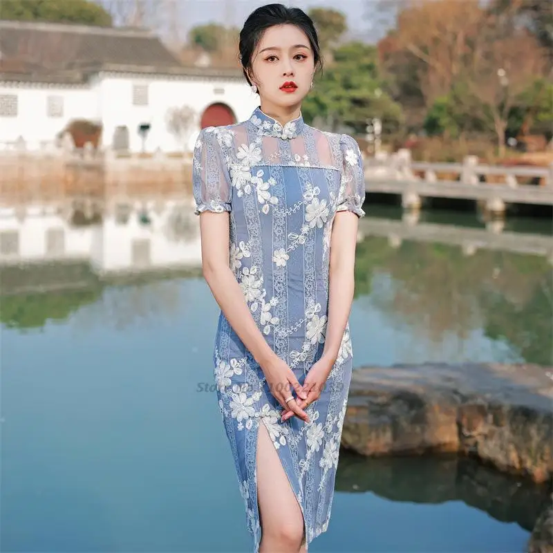 

2022 cheongsam traditional chinese dress qipao ladies evening dress vintage cheongsam women bride lace cheongsam oriental dress