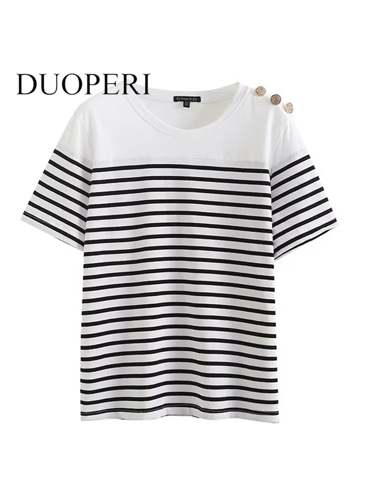 

DUOPERI Женская мода с пуговицами полосатые футболки винтажный o-образный вырез с коротким рукавом женские шикарные рубашки топы