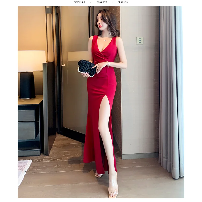 

2023 Summer New Women's Sleeveless Long Dress Split Low cut Night Show Sexy Solid Color Dress
