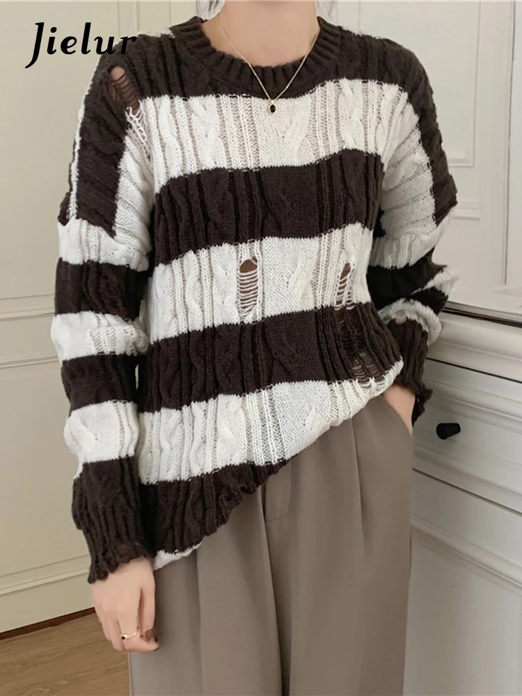 Jielur Женский вязаный свитер Свободный пуловер кофейного цвета с круглым вырезом и