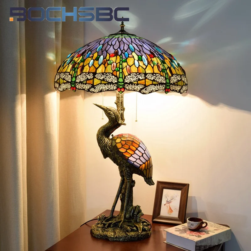 

Настольная лампа BOCHSBC из витражного стекла Тиффани в стиле ретро с изображением стрекозы и журавлей, лампа для чтения в гостиной, столовой, кабинете, спальне