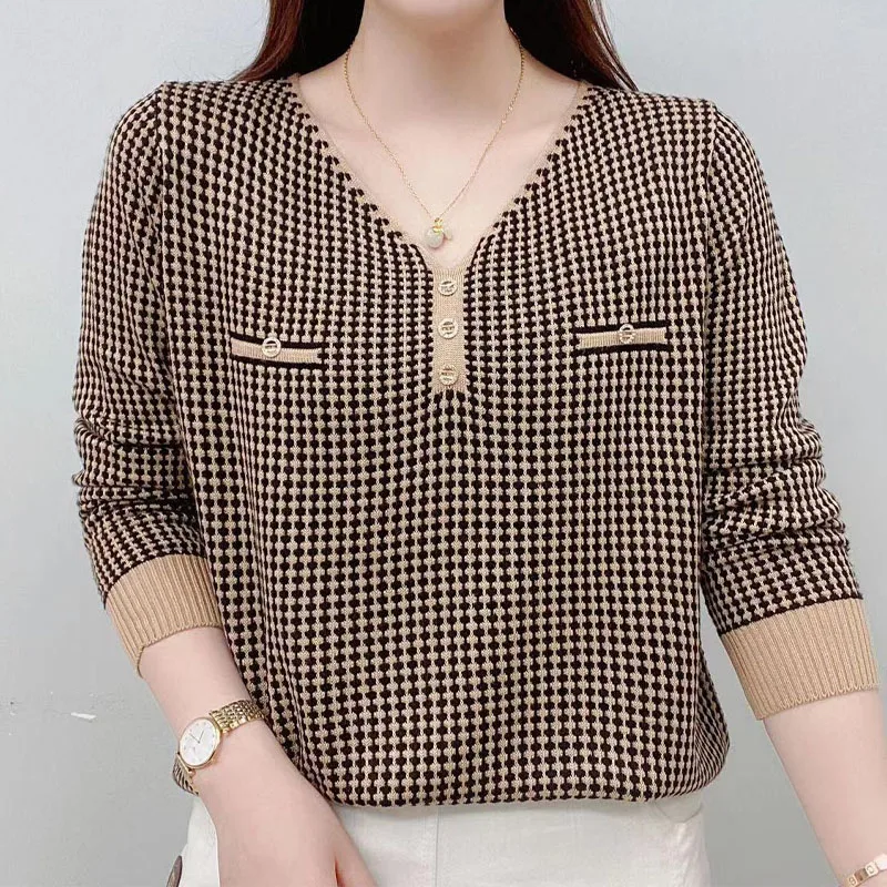 

Повседневная футболка с длинным рукавом и V-образным вырезом, женская одежда, новинка весны, универсальные модные свободные пуловеры с соединением, топы для женщин