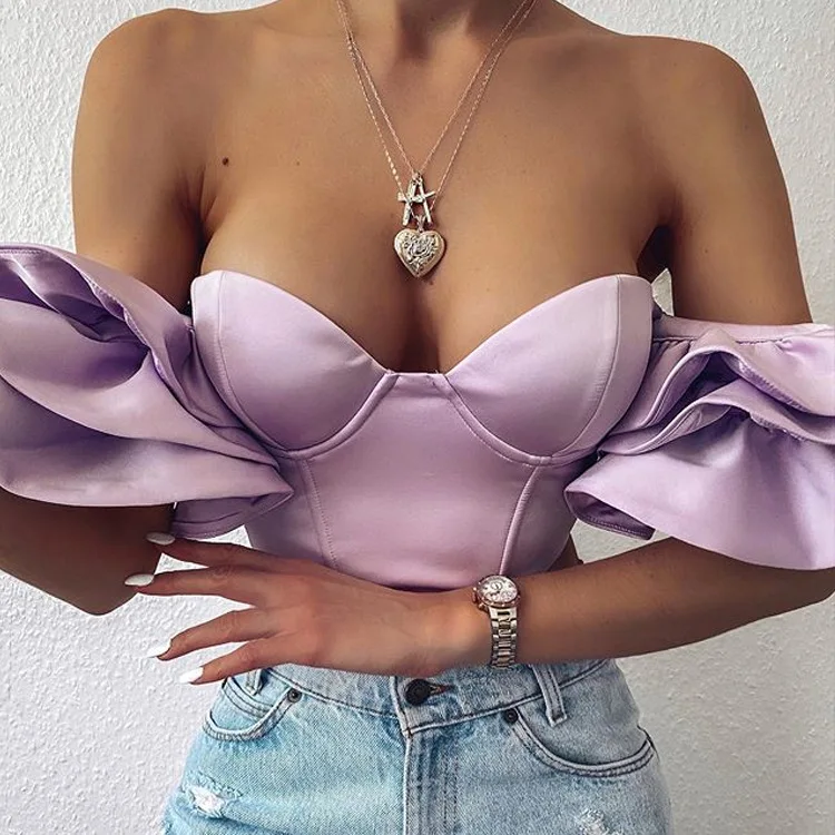 

Summer crop tops 2021 Women's Ns Sexy Pleated Lotus Leaf Sleeves One Word Shoulder Umbilical Cord Top Female