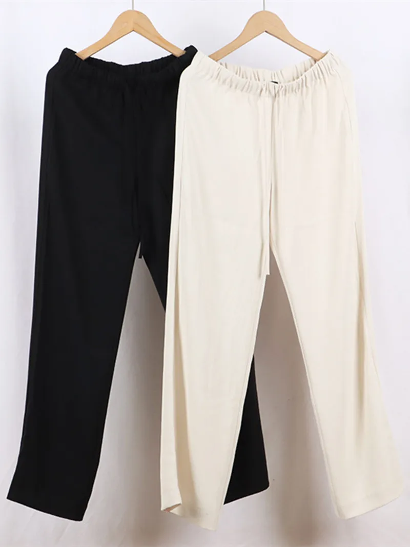 Women Trousers Solid Drawstring Elastic Waist Lightweight Straight Wide Leg Pants Casual