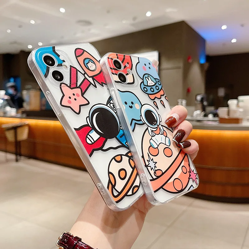 

Spaceship Astronaut Phone Case For iPhone 11 12 13 Pro MAX 6 6S 7 8 Plus XS 12 13 Mini X XR SE 2020 Couple Clean Anime Cartoon