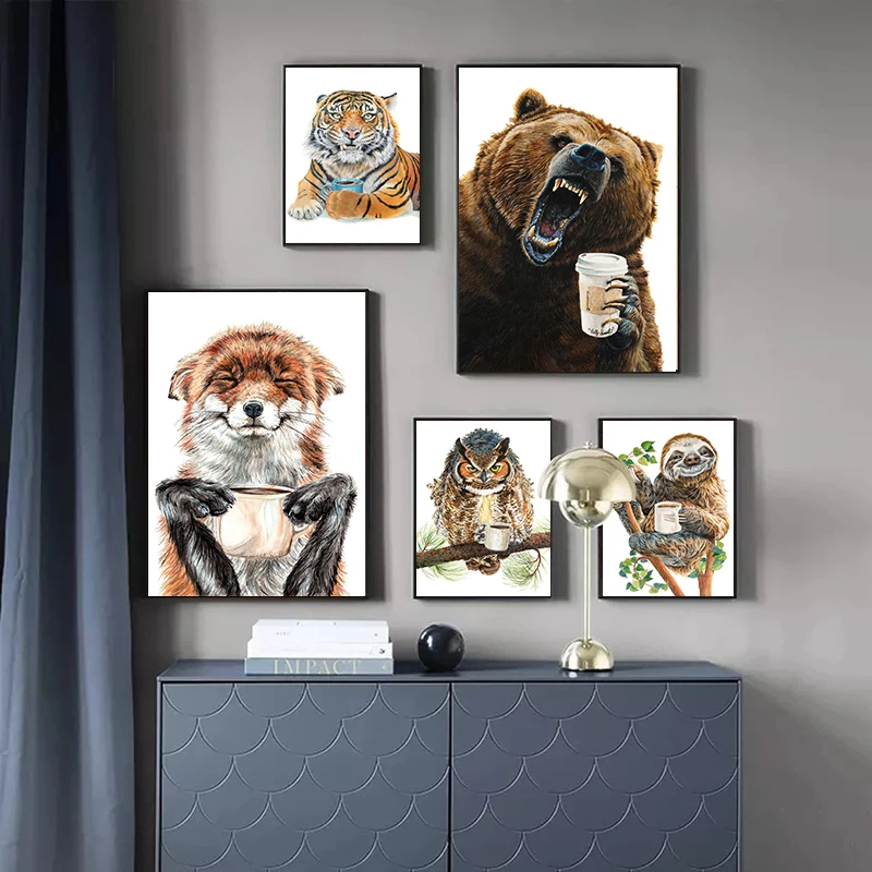 Животные питьевой кофе постер принты лама латте волк гризли Тигр лиса холст живопись Современная Кухня Бар Настенный декор без рамки