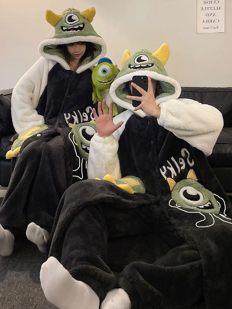 Big Eyes Couple Pajamas Women Winter Thickened Coral Fleece Flannel Nightgown Men's Homewear Set Can Be Worn outside