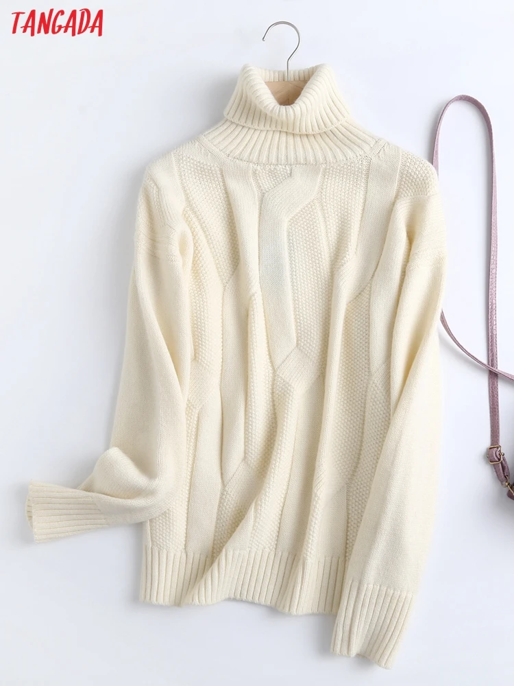 

Tangada 2021 High Quality Women Beige Woolen Turtleneck Knitted Sweater Jumper Female Elegant Pullovers Chic Tops 6D70
