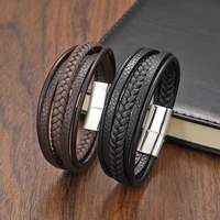 new tehao punk mens woven multi layer coffee colored leather accessories special birthday gift stainless steel magnet bracelet