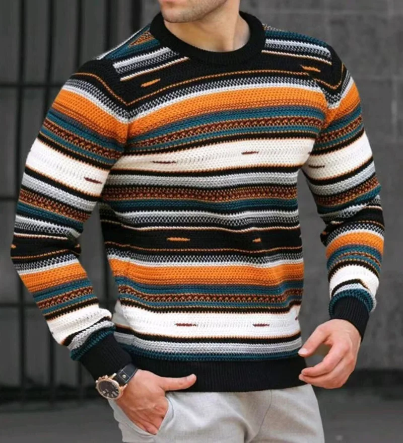 

Sprin and Autumn Men's New Loose Crewneck Sweater Waffle Diital Printin Colorful Striped Casual Sweater