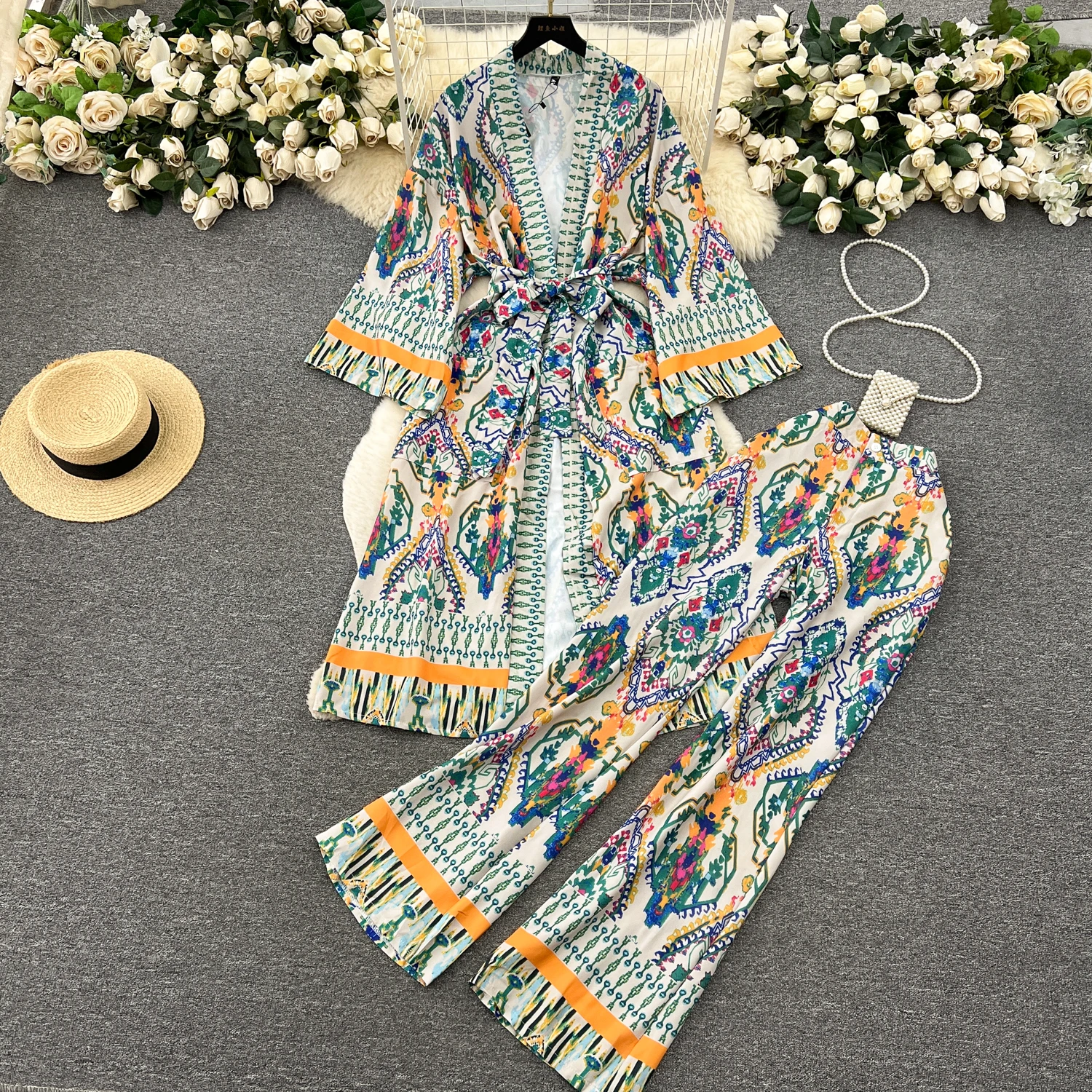 

Ethnic style Printing Vacation Shawl Dress Two Piece Set for Women Autumn New Long Cardigan Pants Sets Casual Trousers Suits