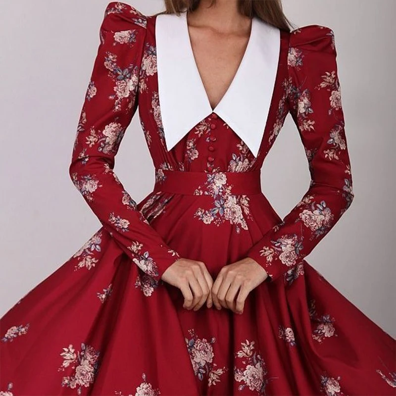 

Женское винтажное плиссированное платье с цветочным принтом, повседневное богемное платье с пышными рукавами, элегантные облегающие длинные платья с высокой талией и V-образным вырезом