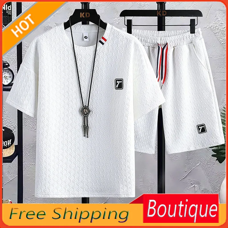

Waffle Shorts Suit Men's Summer Thin Ice Silk Short Sleeve Men's Clothing Sports Fashion Brand Loose Casual Shorts