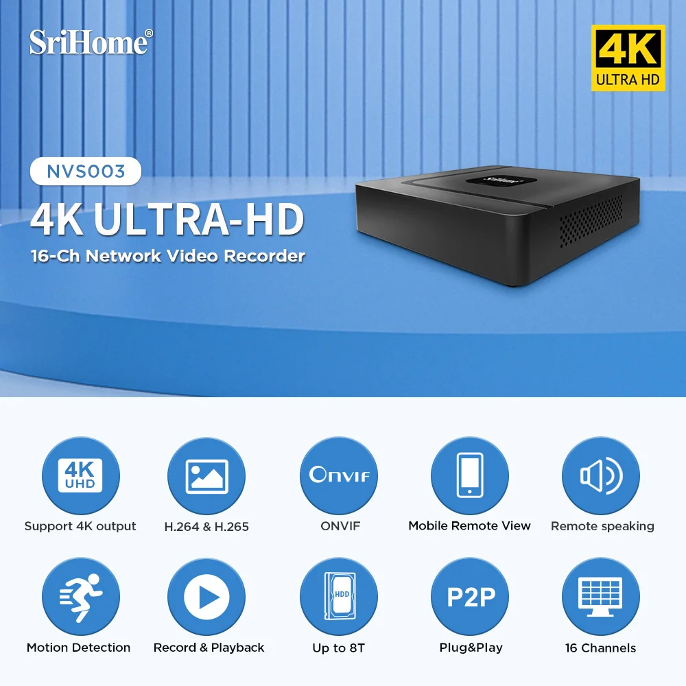 

Srihome NVR 16CH 4K H.265 H.264 Сетевой видеорегистратор для беспроводной системы безопасности Поддержка обнаружения лиц 8 ТБ HDD