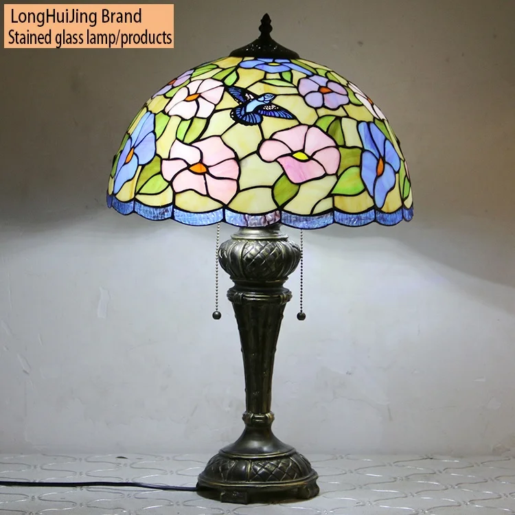 

LongHuiJing Tiffany Style Table Nightstand Banker Lamp Stained Glass Floral Hummingbird Lampshade Antique Desk Lights