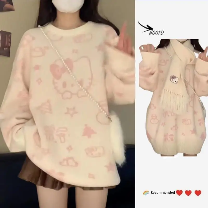 

Autumn Winter Hello Kittys Sweater Coat Girl Sanrios Anime Printed Knit Kawaii Cartoon Loose Sweet Can Be Worn Outside Jacket