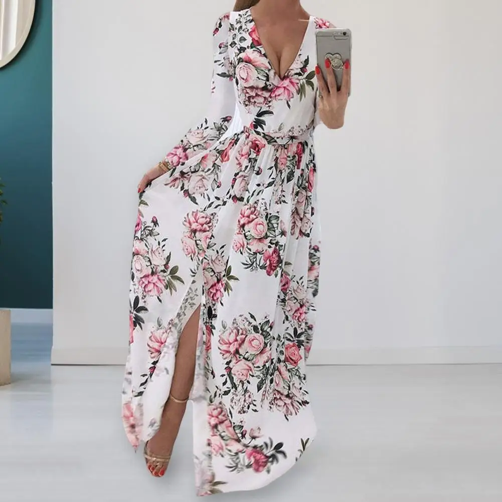 

Women Dress V Neck Long Sleeve Tight Waist Split Design Comfy Boho Style Swing Floral Print Summer Long Dress for Dating