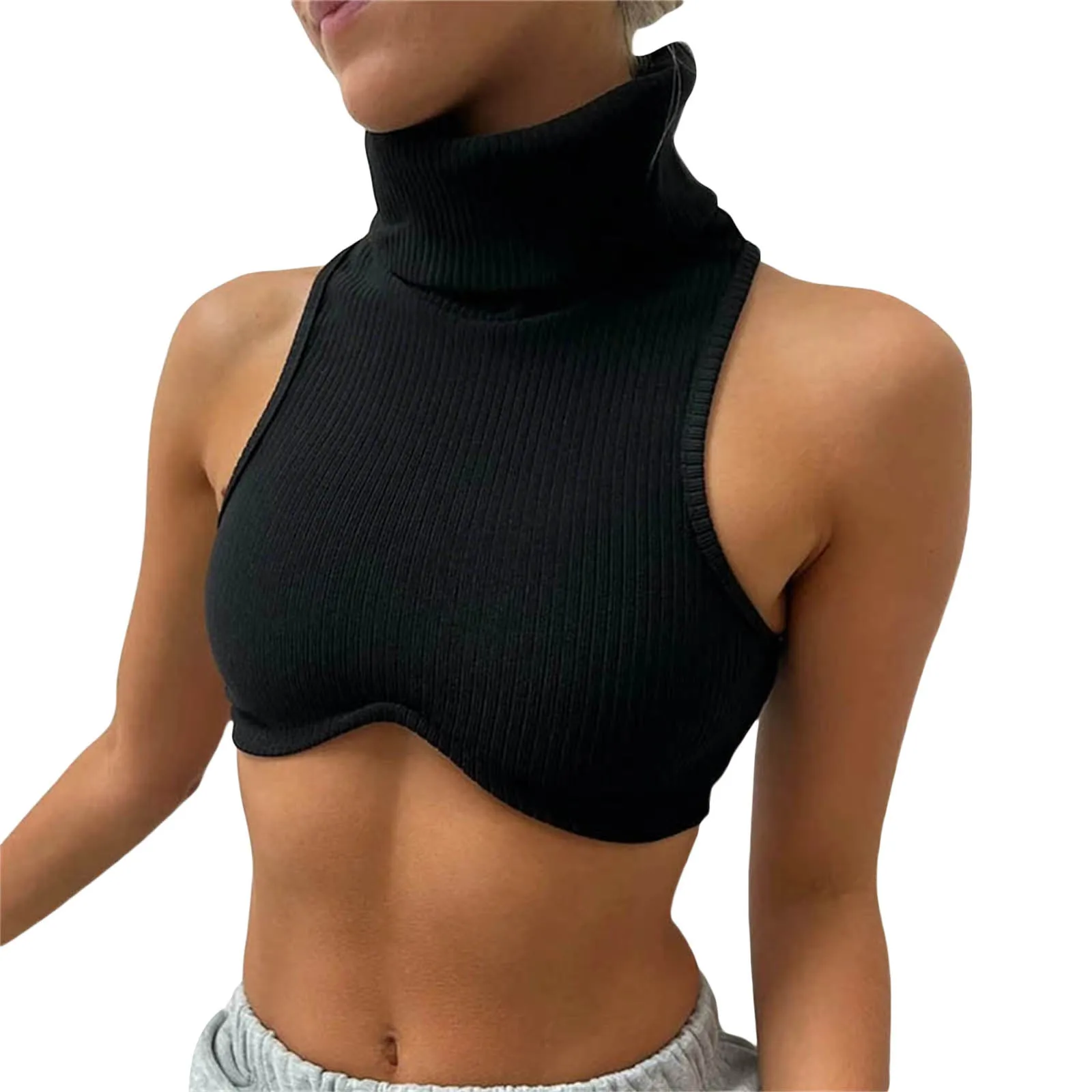 

Sexy Y2k Knitting Turtleneck Women Black Irregularity Skinny Elasticity Crop Tank Top Fashion Streetwear