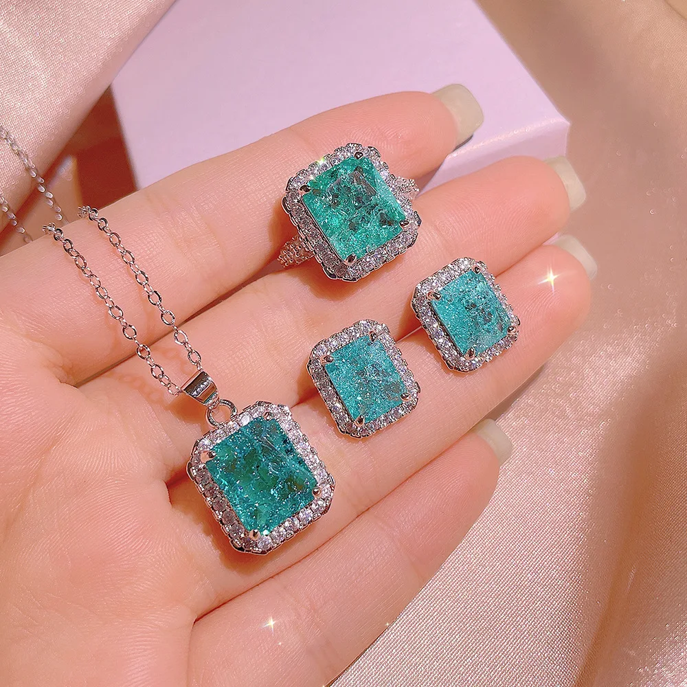 New Jewelry Three Piece Set For Women Luxury AAA Green Zircon Geometric Shape Ring Necklace Earrings Party |