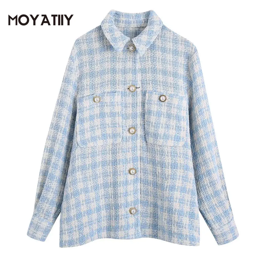 

MOYATIIY Women 2022 Fashion Blue Tweed Jacket Coat With Faux Pearl Vintage Houndstooth Pattern Overcoats Oversize Female Tops