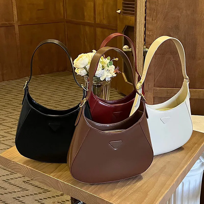 Genuine Leather Underarm Bags Fashion Zipper Cowhide Handbags Hobos One Shoulder Bags Solid Color Crossbody Bags 2 Straps Purse